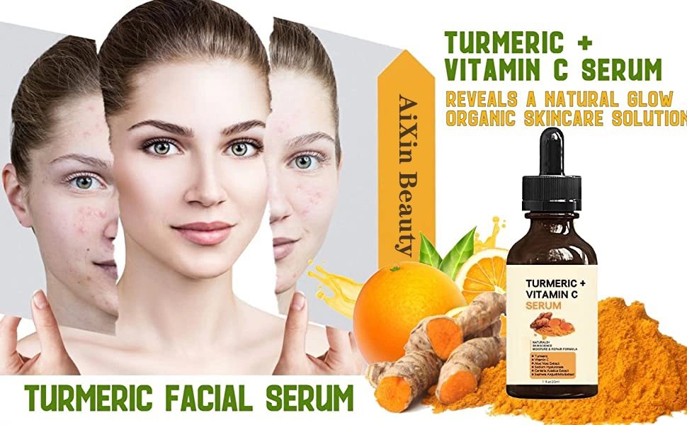 Aixin OEM Organic Turmeric Face Serum + Vitamin C, Acne Treatment, Clear Skin Toner, Hydrate Dull &amp; Dry Skin, Anti-Aging Facial Serum