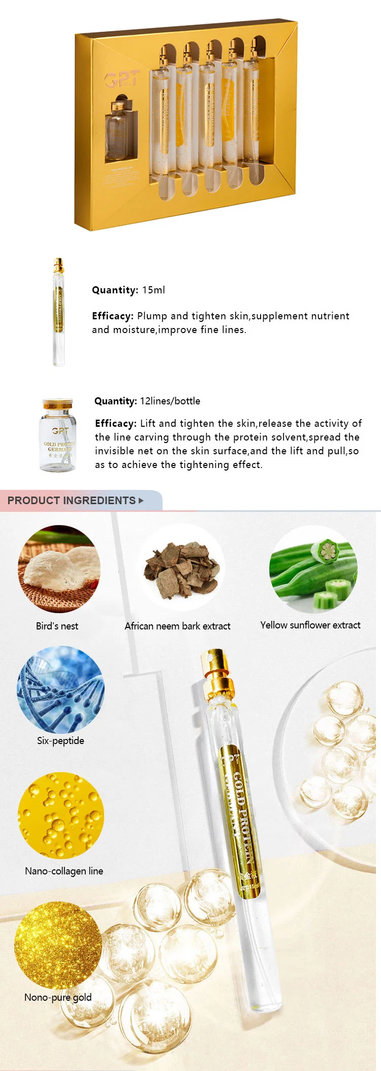 Low Price Anti-Aging Anti-Wrinkle Thread Lifting Line Gold Protein Peptide Line Carving Essence Serum