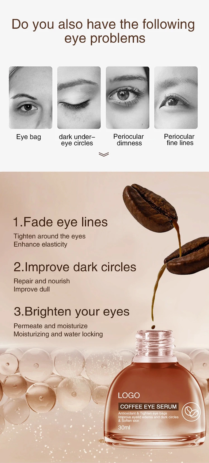 OEM Factory Pure Natural Coffee Anti-Dark Circles and Anti-Aging Eye Serum