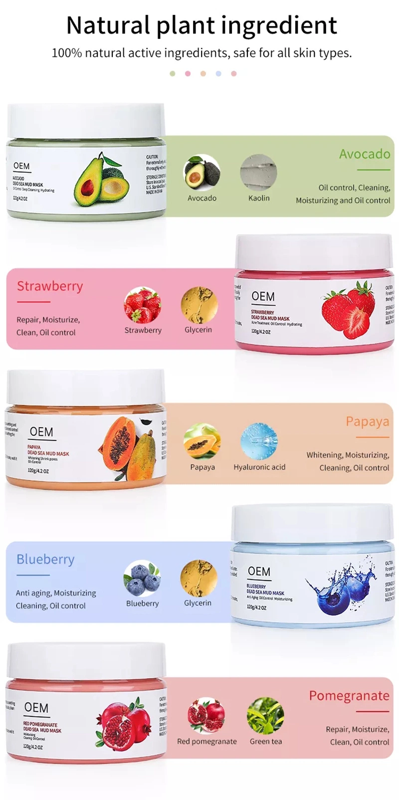 Private Label Fruit Face Dead Sea Mud Mask Deep Cleansing Soothing Anti Acne Strawberry Papaya Blueberry Avocado Facial Clay Mask