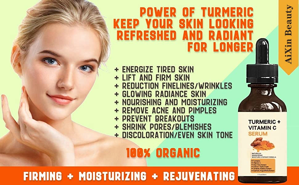 Aixin OEM Organic Turmeric Face Serum + Vitamin C, Acne Treatment, Clear Skin Toner, Hydrate Dull &amp; Dry Skin, Anti-Aging Facial Serum