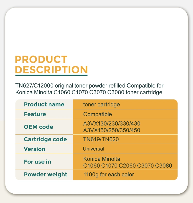 Tn627/C12000 Original Toner Refilled Compatible for Koncia Minolta C1060 C1070 C2060 C2070 C3070 C3080 Toner Cartridge Tn619