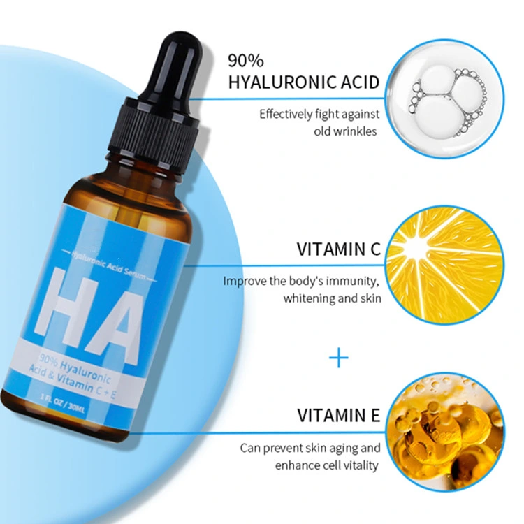 OEM Moisturizing Whitening Brightening 90% Hyaluronic Acid Vitamin C + E Face Serum