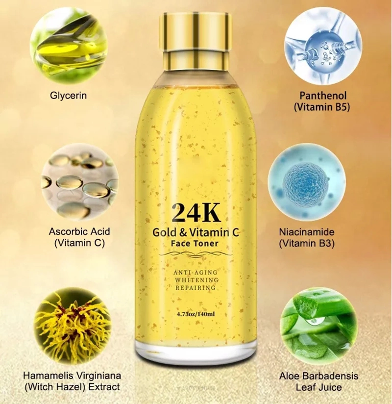 OEM Makeup Skin Care Facial Essence Liquid Water Moisturizing Hydrating Whitening 24K Gold Face Toner