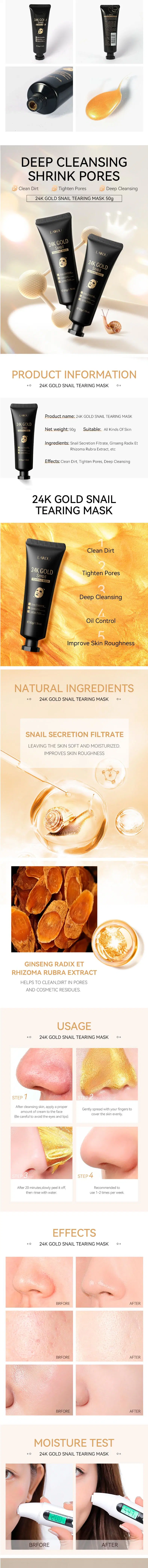 24K Gold Snail Tearing Mask Deep Cleaning Moisturizing Oil Controlling Blackhead Removing Pore Tightening Face Cream Mask