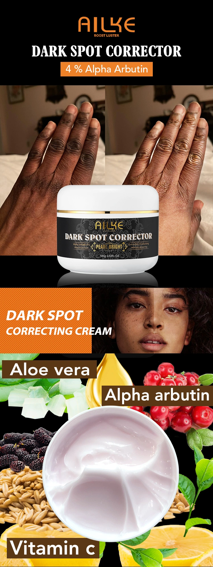 Private Label Ailke Apha Arbutin 4% Pearl Bright 7 Days Dark Spot Corrector Face Stronger Skin Whitening Cream