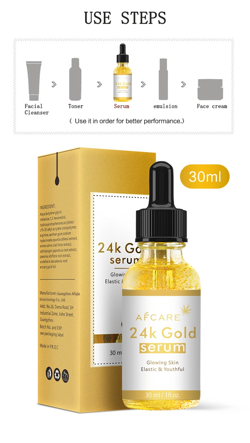 Private Label Organic Nature 24K Gold Serum Facial Moisturizing Whitening Brightening Wholesale Face Serum