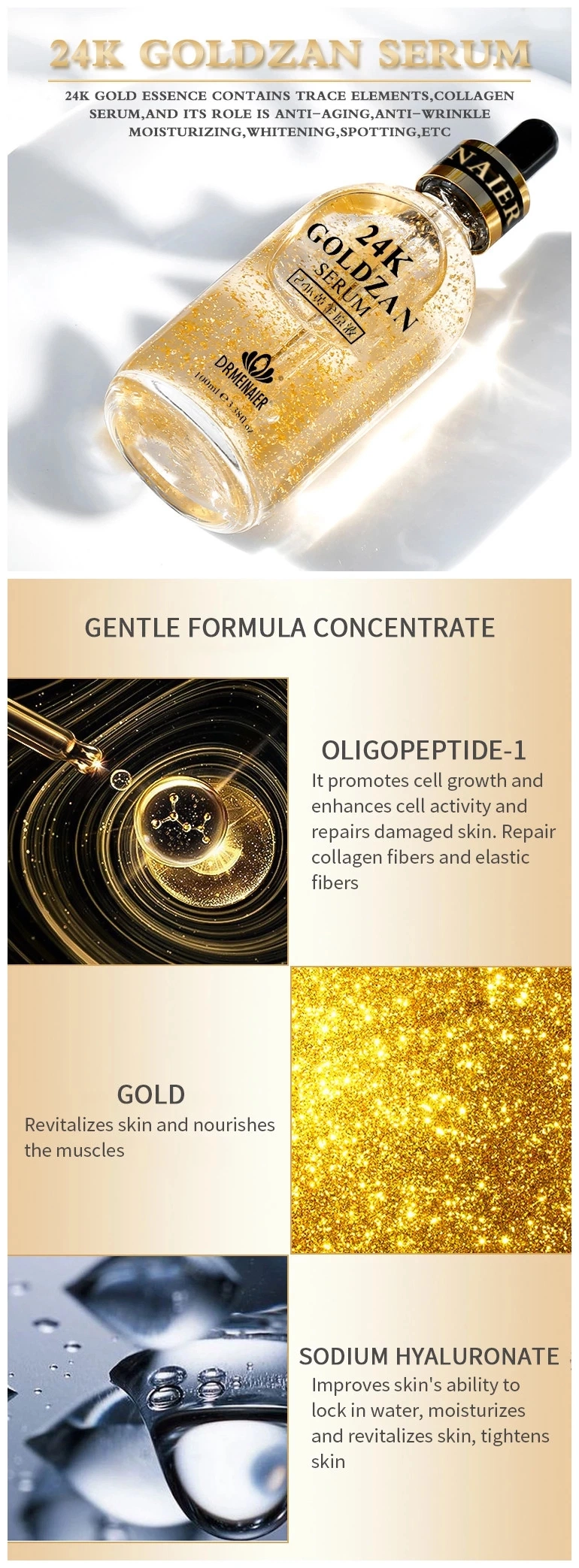 Natural 24K Gold Collagen Whitening Serum for Anti-Aging Skin Care 100ml