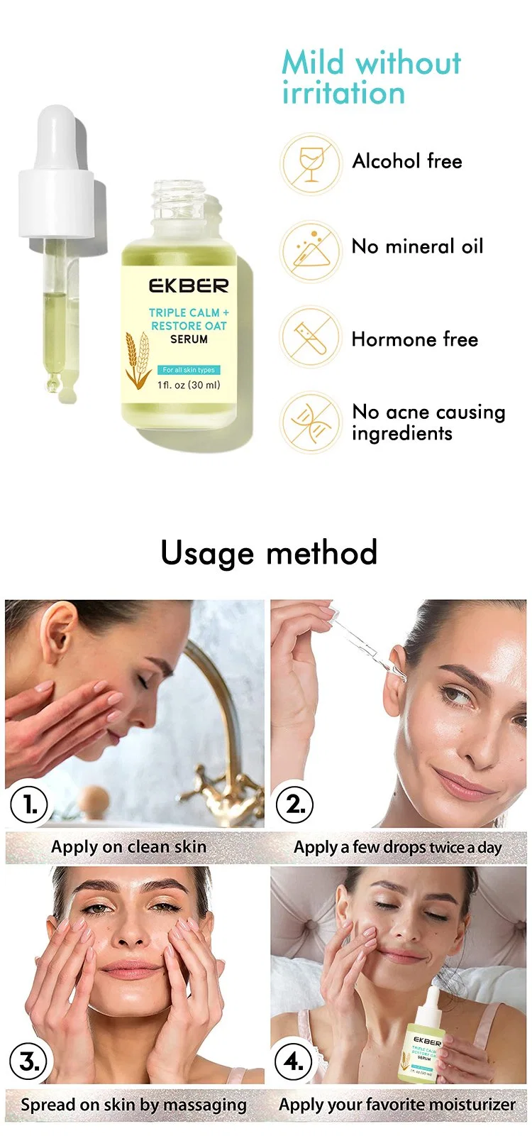 Amazon Hot Sale Ekber Organic Triple Calm and Sooth Oat Repair Face Serum Anti Aging Smooth Skin Care Facial Serum 30ml
