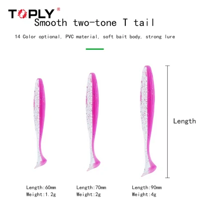  Toply Bait Smooth Two-Color T Tail Lead Head Hook Fresh Water Undulating Soft Bait Downfishing Lure Fishing Group Soft Worms