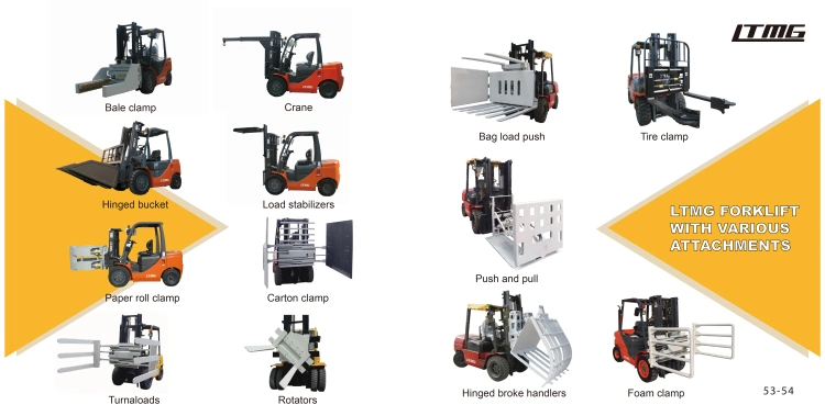 Hydraulic Diesel Forklift 2.5 Ton 3 Ton Forklift with Paper Roll Clamp/Bale Clamp/Rotator/Push and Pull Attachment