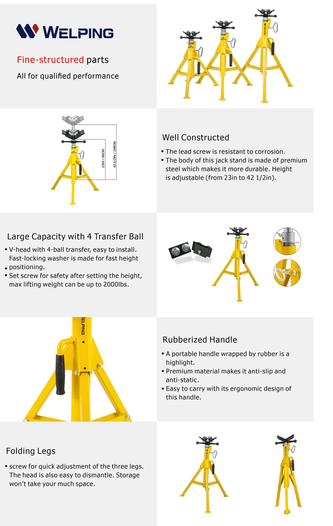 Welping 1000lbs Loading Pipe Jack Stands 60-108cm Height Universal Pipe Stands Vise