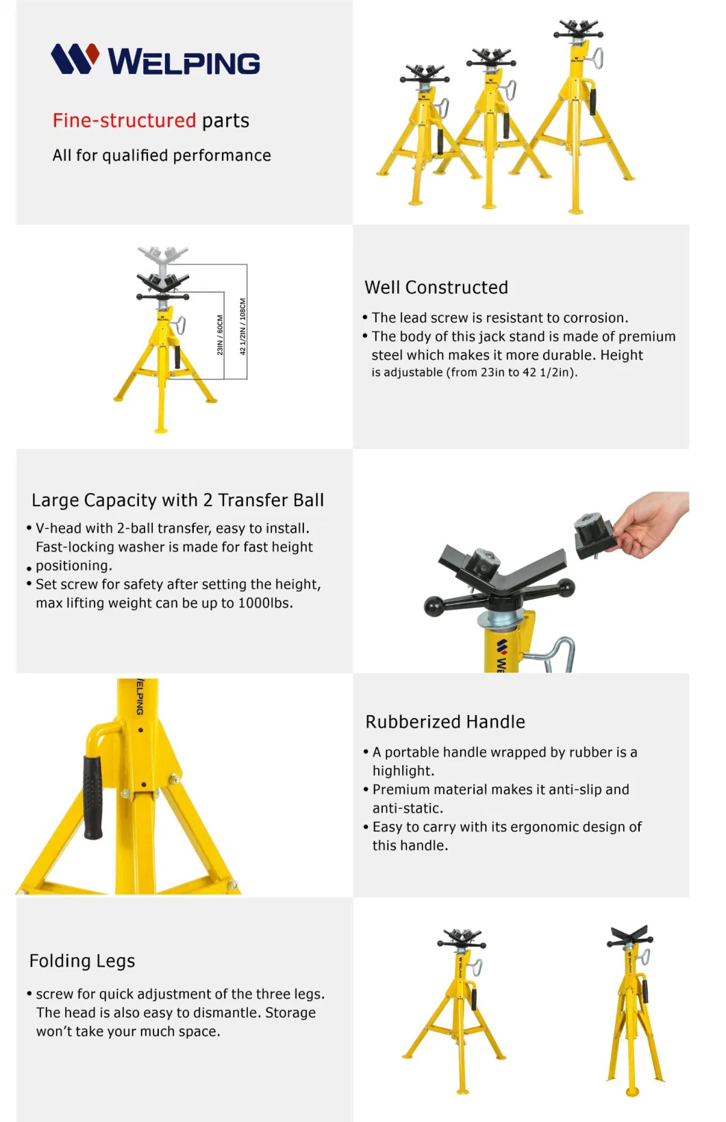 Welping Hot Selling 23 to 42 1/2 Inch Height Adjustable HDPE Pipe Jack Stand for 1/2&quot;-12&quot; Pipes Supporting