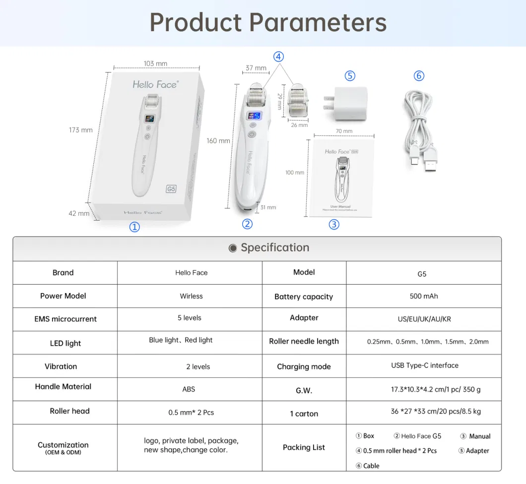 Bio Roller G5 Micro Needle Derma Roller Set EMS LED Replaceable Needles Derma Roller