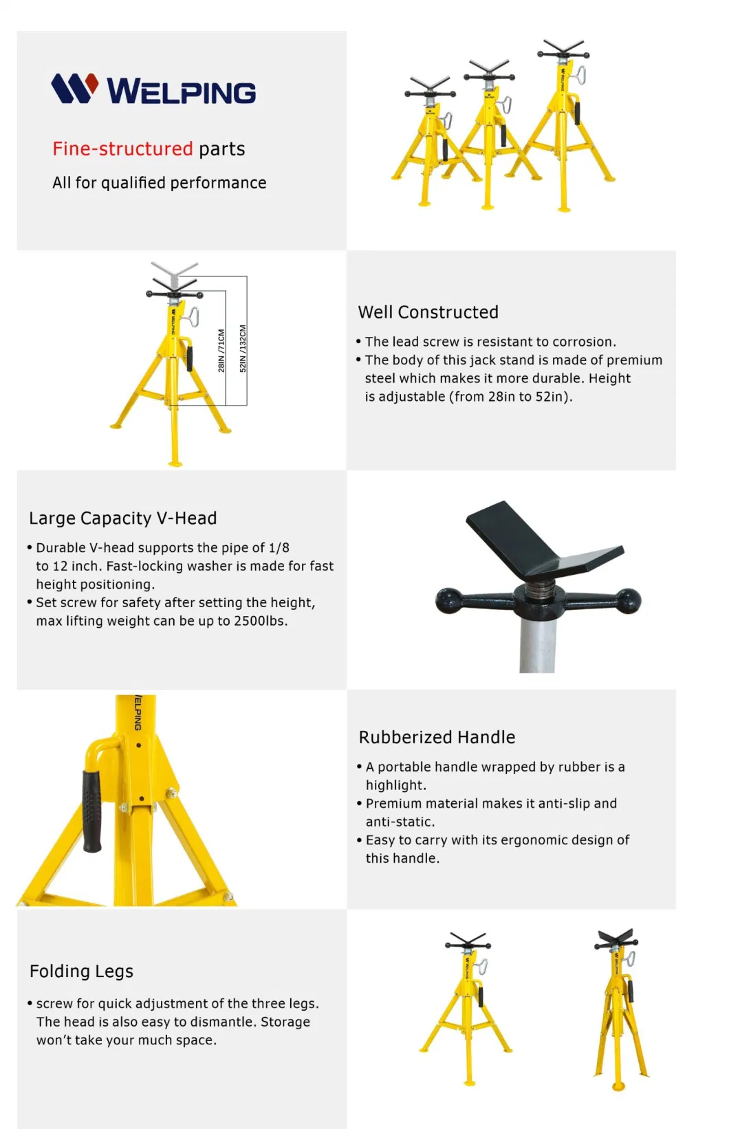 Welping 28-52 Inch Height Adjustable Steel Pipe Support Stand V Shape Head 12 Inch Pipe Holding Stand