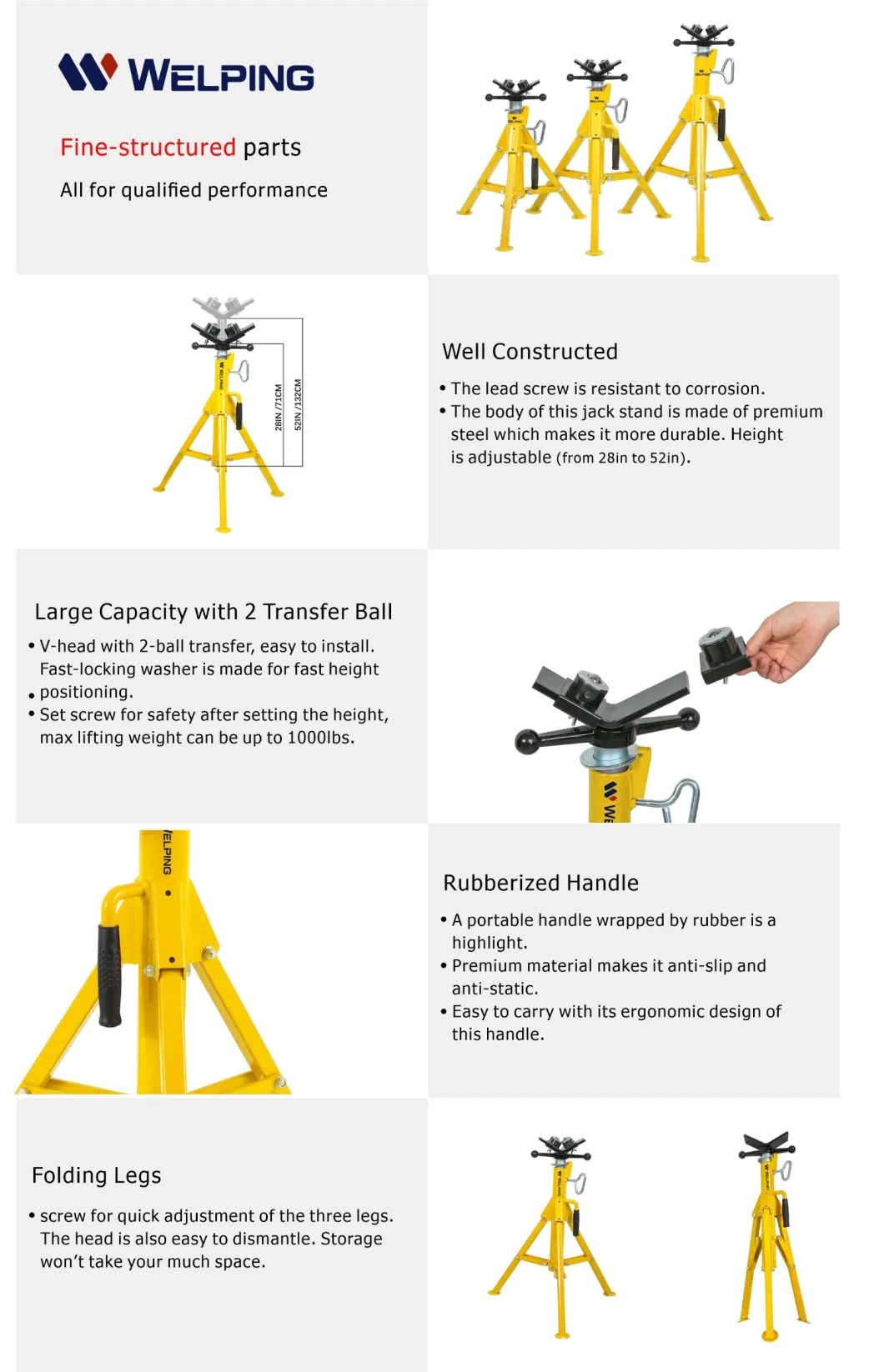 Pipe Jack Stand with 2-Ball Transfer V-Head and Folding Legs 1500lb Welding Pipe Stand