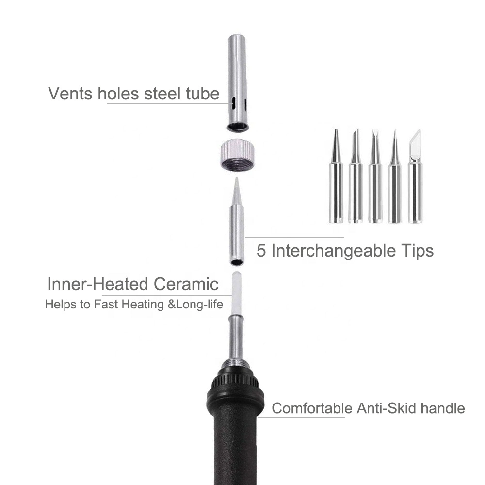 Topeast 60W Adjustable Temperature Electric Soldering Iron Tool Kits + 5 Different Nozzle Soldering Iron Heads+Stand+ Rosin