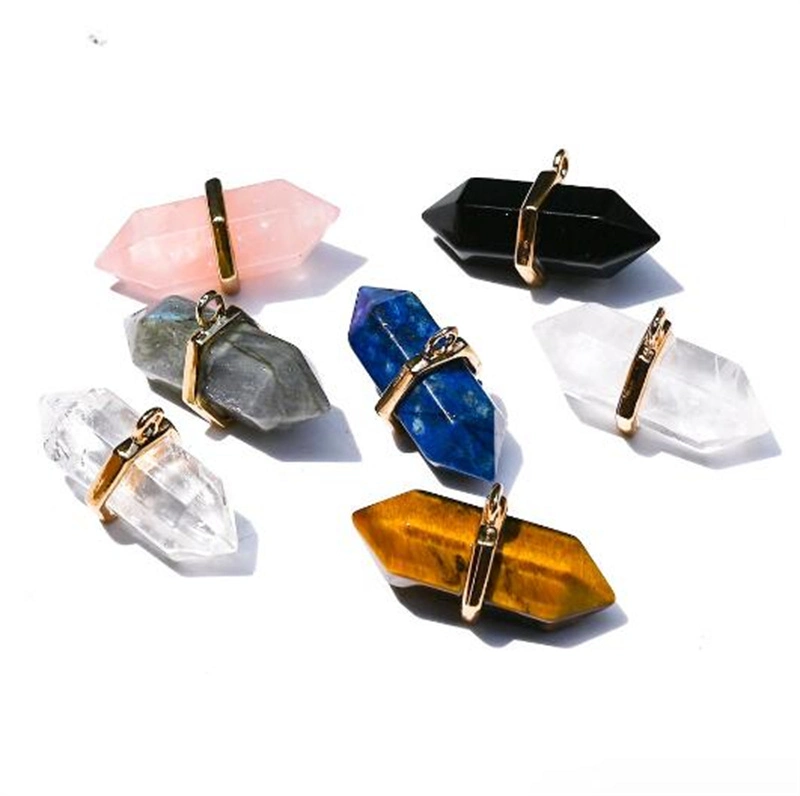 Hexagonal Point Pendant Natural Rose Quartz Lapis Lazuli Obsidian Exagonal Column Pendant for Jewelry Making