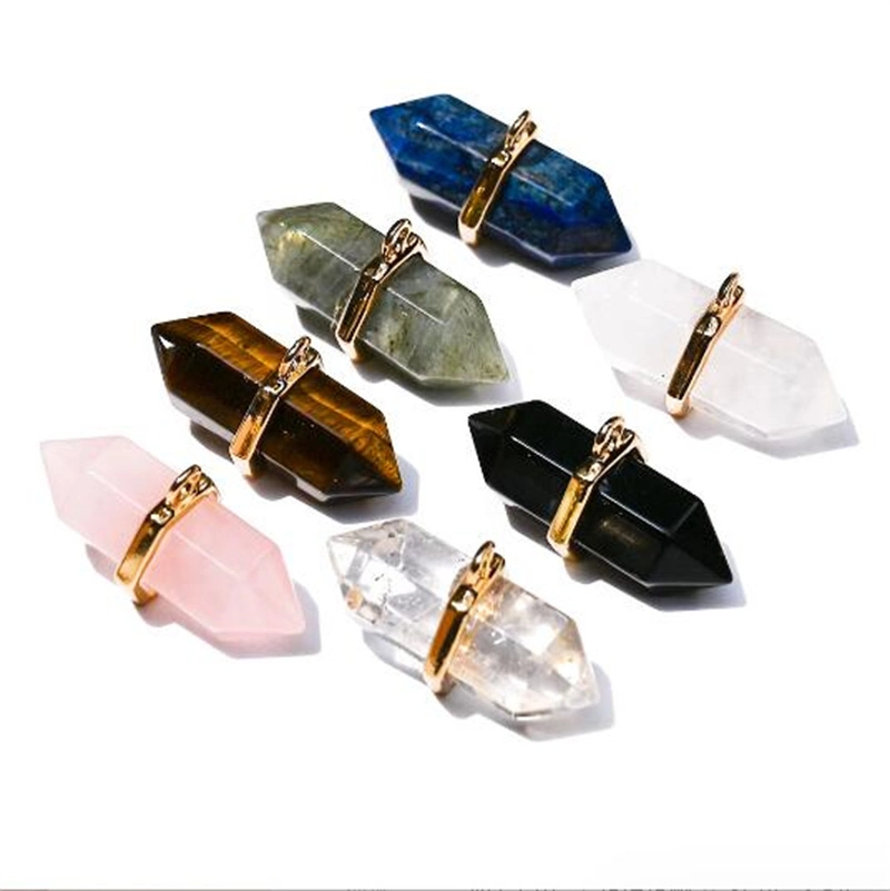 Hexagonal Point Pendant Natural Rose Quartz Lapis Lazuli Obsidian Exagonal Column Pendant for Jewelry Making