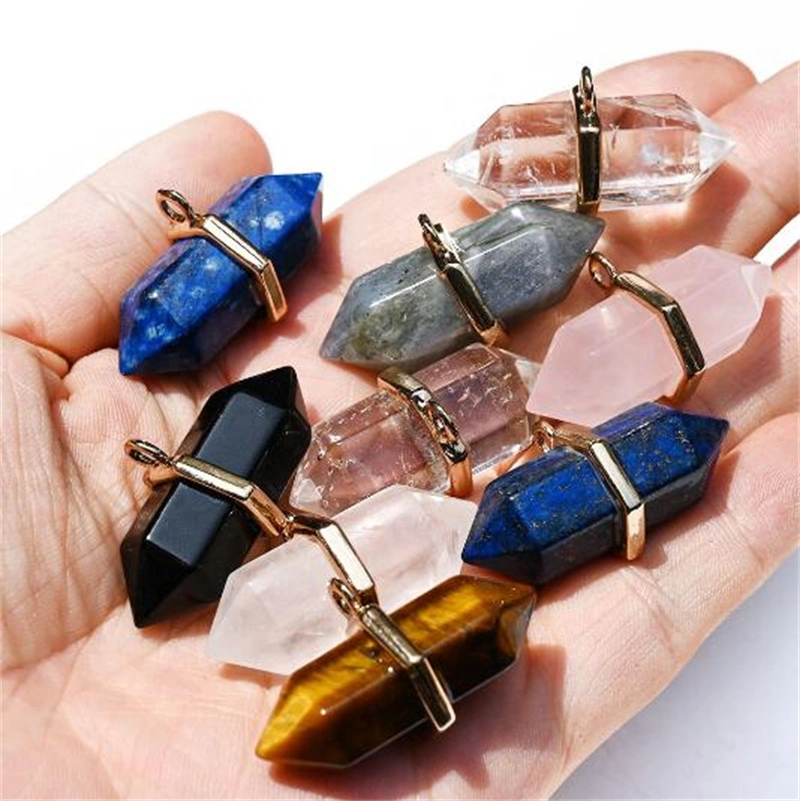 Hexagonal Point Pendant Natural Rose Quartz Lapis Lazuli Obsidian Exagonal Column Pendant for Jewelry Making