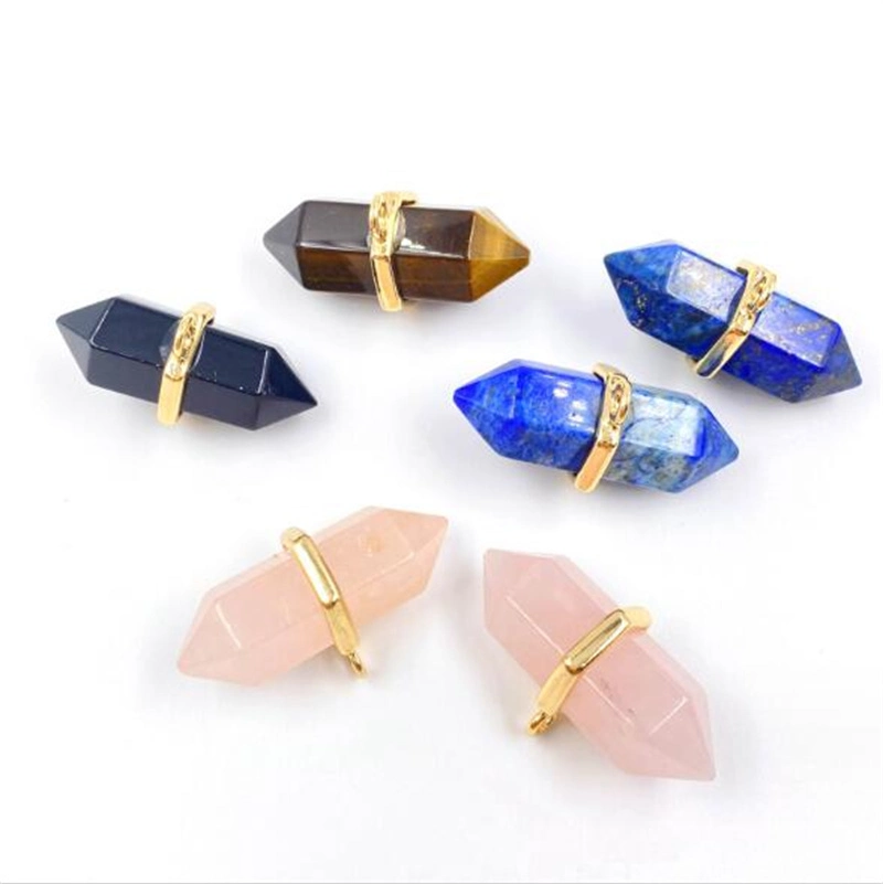 Hexagonal Point Pendant Natural Rose Quartz Lapis Lazuli Obsidian Exagonal Column Pendant for Jewelry Making