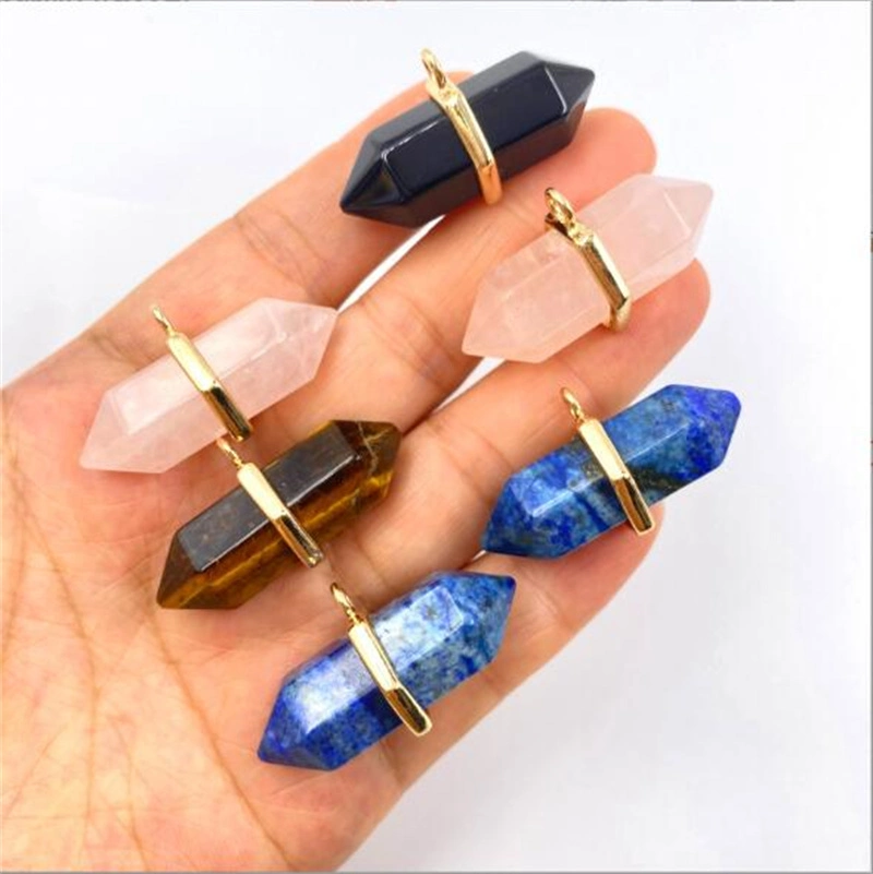 Hexagonal Point Pendant Natural Rose Quartz Lapis Lazuli Obsidian Exagonal Column Pendant for Jewelry Making