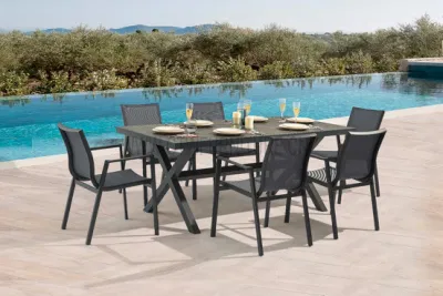 Hotel Restaurant Garden Patio Alu Table Sling Chair Aluminum Dining Table Set Metal Outdoor