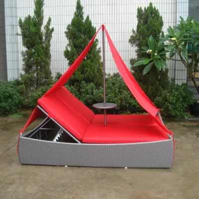 Double Bed Red Canopy Folded Back Flat Rattan Beach Sun Lounger
