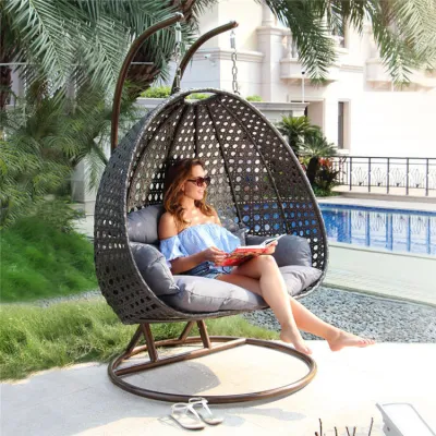 Outdoor Double Seater Garden Furniture Rattan Patio Swings Hanging Egg Chair with Stand