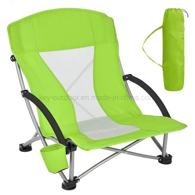 Outdoor Low Sling Beach Chairs, Folding Low/High Mesh Reclining Back Low Seat Beach Fishing Camping Chair for Adults with Headrest, Cup Holder