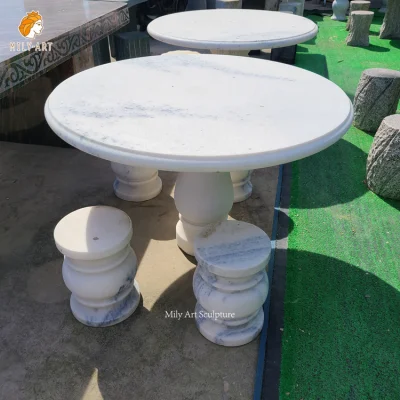 Outdoor Garden Stone Furniture Sets White Round Table and Solid Bench Stool