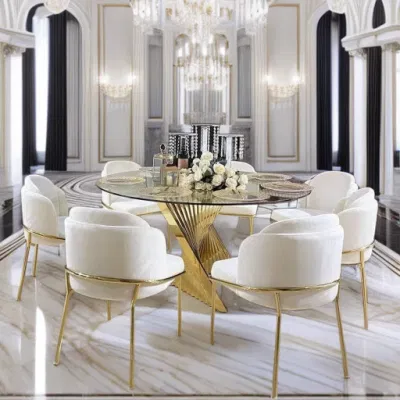 European Style Dining Room Furniture Modern White Gold Frame Chairs Stainless Steel Boucle Accent Dining