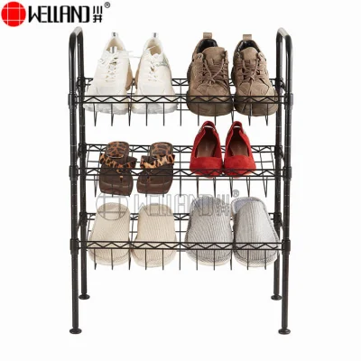 Stackable Sturdy 3 Tier Black Steel Wire Shoe Storage Racks for Entryway