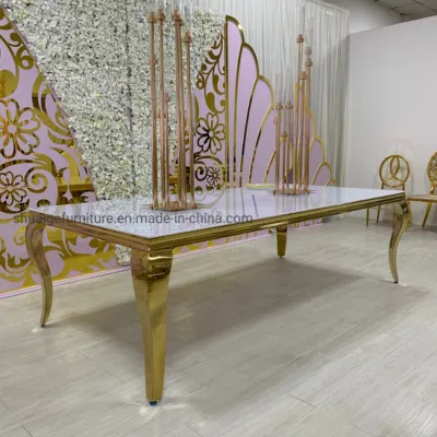 Modern Furniture Popular Style Gold Stainless Steel +White Temper Glass Top Rectangle Dining Table Sets