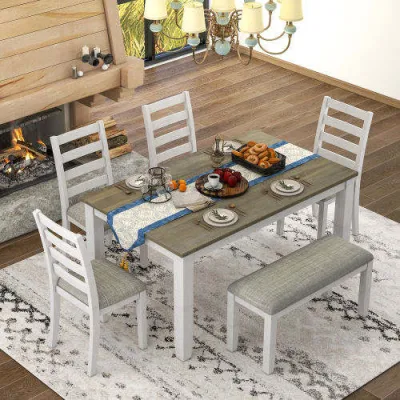 2023 Modern Luxury Design Solid Wooden Dining Room Furniture Dinner Dining Table Set with 4 Upholstered Chairs & a Bench