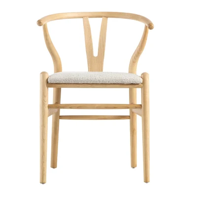 China Factory Wholesale Supply Modern Home Outdoor Dining Room Living Room Wooden Wishbone Dining Chair-Ivory White Boucle and Natural Frame