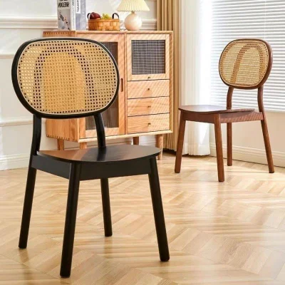  Retro Pastoral Style Nordic Wood and Rattan Dining Chairs for Outdoor Porch