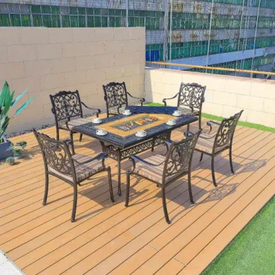 Marble Garden Set 6 Seater Furniture Outdoor Patio Aluminum Dining Table