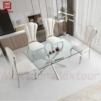  Wholesale Luxury Dining Table Set with Tempering Glass Top and 6 White Dining Chairs Stainless Steel Chrome Dining Table