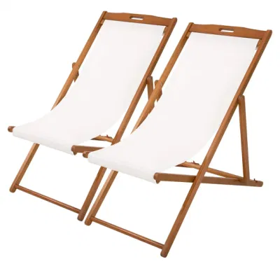  Patio Furniture Outdoor Wooden Adjustable Frame Sling Chair Patio Lounge Chair Folding Reclining Beach Chair with White Polyester