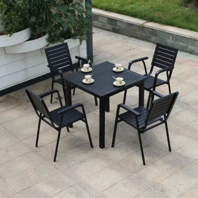  Modern Plastic Wood Outdoor Patio Furniture Combination Leisure Cafe Outdoor Open-Air Balcony Garden Chairs and Tables
