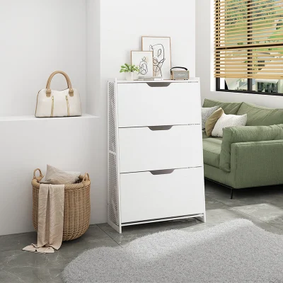 White Modern Shoe Storage Cabinet with 3 Flip Drawers Wood 3-Tier Shoe Rack Storage Organizer for Entryway Hallway Bedroom