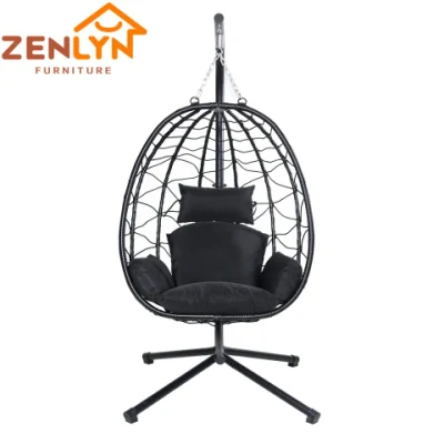 Outdoor Garden Patio Black Rattan Lounge Kd Style Rope Swing Foldable UV Resistant Hammock Wicker Hanging Chair