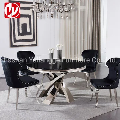  Modern Dining Room Furniture Set with Dining Chairs Round Mirror Glass Marble Stone Top Kitchen Dining Table