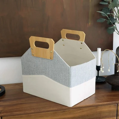  Foldable Storage Bins Collapsible Storage Basket with Bamboo Handles Magazine Rack Box for Shelves Closet & Living Room