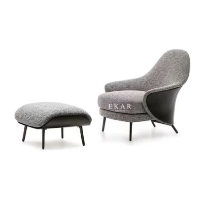 Modern Leisure Hard Leather and Fabric with Stainless Steel Legs and Foot Stool Armchair