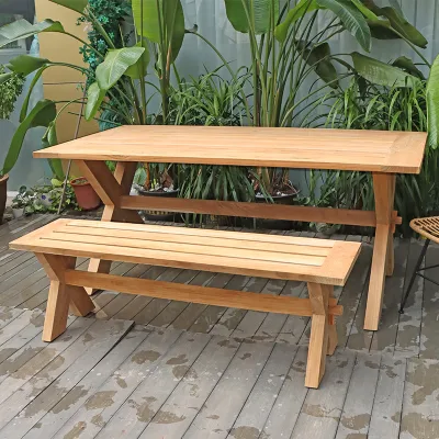  New Rattan +Teak Wood OEM Garden Table Benches Dining Set