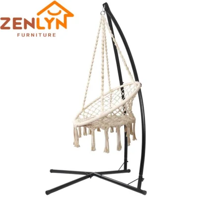 Garden Outdoor Hammock Chair Cotton Rope Swing Tassel Hanging Chair with Steel Stand