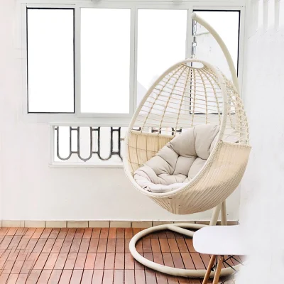 Factory Wholesale Cheap Patio Swing Outdoor Furniture Hanging Swing Chair Leisure Wicker Rattan Chair with Cushion and Pole and Base