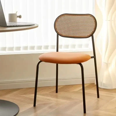 Home Furniture Fancy Design Stackable Home Chairs PU Leather Dining Chairs with Cane Rattan Back